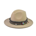 Beige wool felt fedora hat featuring ethnic style beaded band and pink tassel detail - 13-Beige