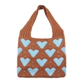 Retro brown knitted tote bag featuring light blue heart patterns and crochet hollow details - Brown
