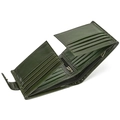 Detail view of green genuine leather trifold wallet with card slots and zipper coin pocket - 6201 Style / Army Green Oil Leather