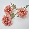 Detailed close-up of three pink artificial chrysanthemum silk flowers with green stems - Dusty Pink