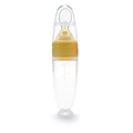Yellow silicone baby food squeezing bottle with feeding spoon and scale markings - Yellow