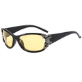 Chic black wrap-around sunglasses with yellow lenses and metal butterfly ornament - Black Frame Yellow Lens