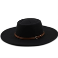 Detail of the brown leather belt and metallic buckle on the black wool felt wide brim hat - M (56-58cm) / Black
