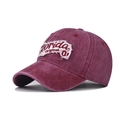 Close-up of Florida embroidery on vintage washed cotton baseball cap in burgundy - Adjustable / Florida Wine Red
