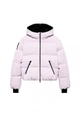 Detail of lavender hooded puffer jacket featuring black zippers and windproof cuffs - S / Tops