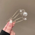 Épingle à cheveux en U dorée avec motif papillon, perles incrustées et strass brillants - Épingle à Cheveux Papillon Creux Doré avec Trois Perles et Strass