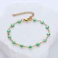 Gold stainless steel evil eye bracelet featuring green heart-shaped charms and link chain - Green