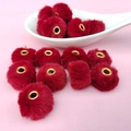 Deep red 20mm soft faux rabbit fur pompom beads with golden metal eyelet for DIY crafts - Deep Wine Red