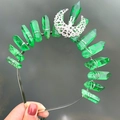 Macro detail of handmade silver crown with raw green crystals and hollow moon ornament - Crown Hairband / Green