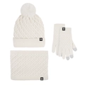 Winter 3-piece knit set in beige featuring a pom-pom hat, scarf, and touchscreen gloves - 307 Beige 3-Piece Set (Diamond Pattern)