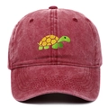 Detail of embroidered sea turtle on wine red washed cotton vintage baseball cap - Burgundy