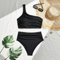 Detailed view of black one shoulder bikini set with high waist ruched swim bottom - S / Black