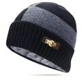 Winter knitted beanie hat for men featuring warm fleece lining and black grey patchwork - 58-63CM Fleece Lined Thickened / Black