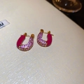 J-shaped gold-plated earrings with vibrant magenta enamel and pink zirconia stones - 68# Ear Buckle - Rose Red