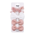 Pink and white 4-piece bow hair clip set with velvet and lace on display card - DP037-11 (4pcs Set: Pink Velvet/White Lace/Pink Leather)