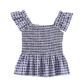 Blauwe geruite zomertop met madeliefjes, gesmokte borst en ruches aan de zoom op wit - XS / Blauw Wit Geruit