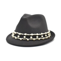 Classic black wool fedora hat featuring elegant layered faux pearl decorative bands - M (56-58cm) / Dark Gray