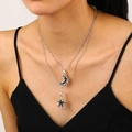 Close-up of double-layer silver necklace with bat and star pendants on model - Silver Double Layer Bat Star Necklace (KG064)