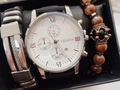 Men's silver quartz watch with white dial, black leather strap, and beaded bracelets set - Silver Case White Dial