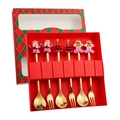 6-piece gold Christmas cutlery set with pink Santa and tree icons in a festive red gift box - Red Box 6-Piece Set A