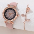 Pink quartz watch with floral rhinestone dial and rose gold flower bracelet set - 2-Piece Set (Watch + Flower Bracelet) / Pink Bracelet Set