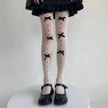 Weiße Fischnetz-Strumpfhose im Lolita-Stil mit eleganten schwarzen Schleifen-Akzenten - Weiß Schwarze Schleifen