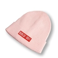 Close-up of pink ribbed knit beanie featuring a red SOLD OUT patch on the folded cuff - M (56-58cm) / Pink