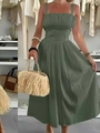Elegant dark green sleeveless midi dress with a cinched waist and full skirt silhouette - S / Green