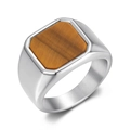 Detail of square tiger eye stone ring with brushed stainless steel finish for men - US 7 / Silver Steel + Tiger Eye
