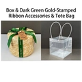 Round straw gift box with dark green gold-stamped ribbon and clear PVC carrier bag - Green Bronzing Accessories + Handbag