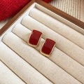 Elegant red square earrings with gold frame presented in a beige jewelry box - 3# Gold Red Border Style