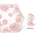 Pink six-fold mini travel umbrella with peony floral pattern and gold ring handle - Flat 6-Fold Black Glue Christine (Outer Print)