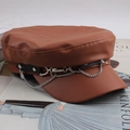 Caramel brown PU leather newsboy cap with black belt and silver chain decoration - Flat Top with Smiley Pendant / Coffee