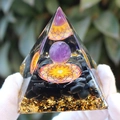 Orgonite pyramid with purple crystal ball, flower of life, and black stones in resin - Amethyst Mandala / Small