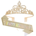 Detail of glitter gold birthday sash and rhinestone crown set for party decoration - Set / Gold Set