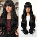 Detail view of long black wavy wig with bangs on a model and a mannequin head stand - Black