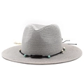 Détail du chapeau Panama gris avec cordon décoratif à perles de style bohème - Gris