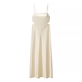 Maxikleid aus champagnerfarbenem Satin mit geometrischen Taillen-Cut-outs und schlichtem Design - XS / Champagner