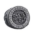 Viking style wolf head stainless steel ring with nordic rune carvings in retro silver - US 7 / Steel Color Polished (20202)