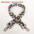 Detail of leopard print nylon bag strap with gunmetal swivel snap hooks and adjuster - White Khaki + Gunmetal Hook