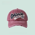 Vintage washed dark red baseball cap with Orlando patch and distressed ripped detail - Orlando Embroidery - Wine Red Denim