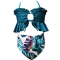 Détail du haut de bikini à volants bleu canard et culotte taille haute à imprimé tropical - 152 / Bleu Cordon