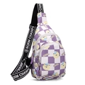 Kids purple checkerboard chest bag featuring a cool cartoon bear and adjustable strap - Bear Purple and White Plaid