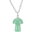 Macro shot of 2cm green stone mushroom pendant on a delicate silver chain necklace - Green Aventurine