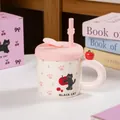 Creative ceramic cat mug with pink lid, straw and 3D apple handle ornament - Cute Cat Claw - Color Box