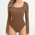 Seamless square neck long sleeve bodysuit in coffee brown ribbed high elastic fabric - S / Coffee
