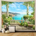 Dettaglio di un arazzo con paesaggio costiero mediterraneo e decorazioni per la casa - 73*95CM / GT109907 / Tessuto Spazzolato