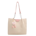 Beige and pink contrast tote bag with Fashion logo and plush doll keychain detail - Pink - With Charm