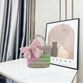 Pink and green hand-woven gift tote bag with a large bow on a marble surface - Small (With Pink Bow) / Pink and Green