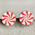 Wooden round peppermint candy stud earrings with red and white spiral patterns - Red White Peppermint Candy